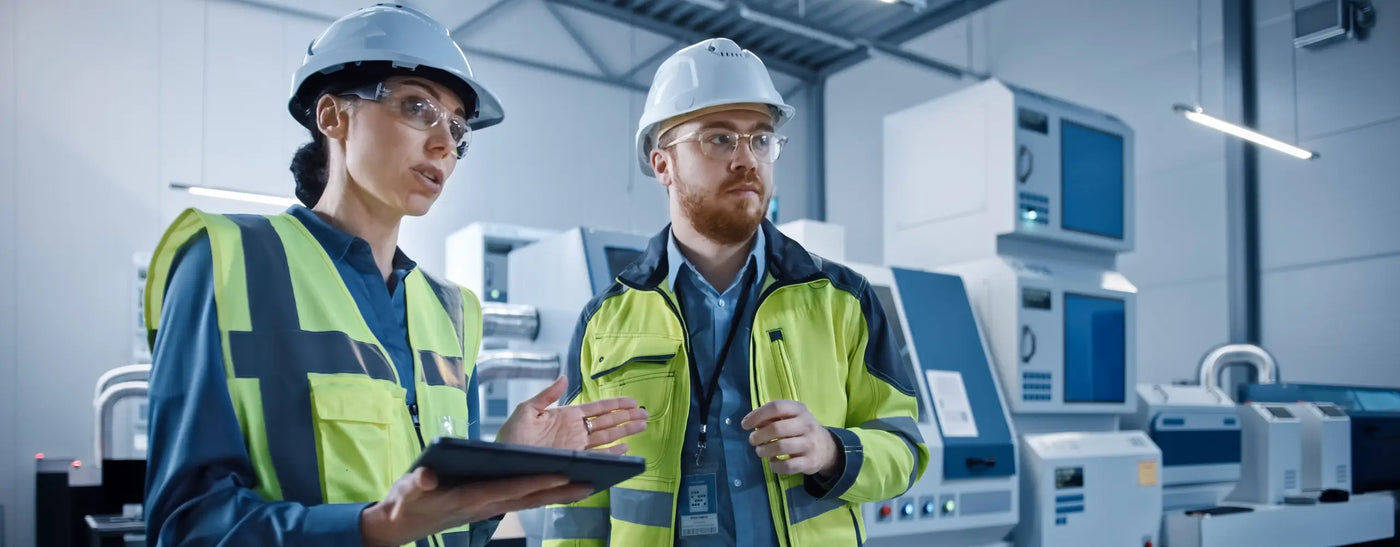 To CNC-operatører, der arbejder og bruger på en tablet, hvor de bestiller værktøj til deres maskiner