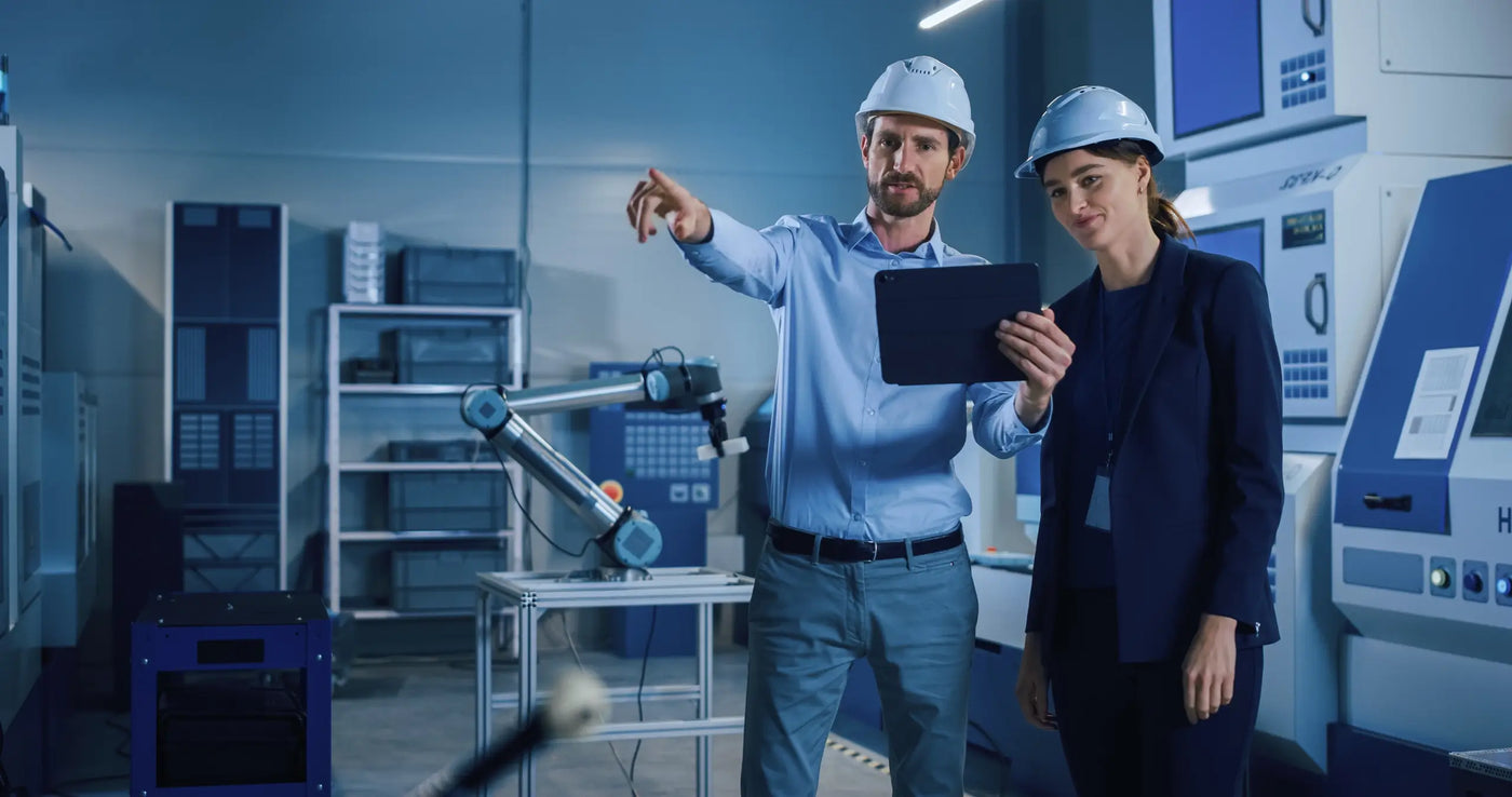 To medarbejdere i en CNC-produktion, som læser spørgsmål og svar på en tablet